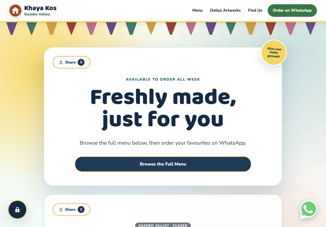 Khaya Kos homepage with colourful bunting, a full-menu link and a WhatsApp ordering button