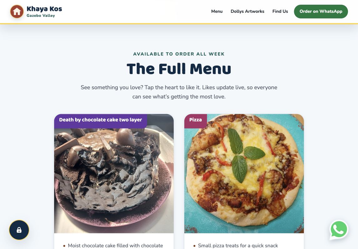 The live Khaya Kos menu showing chocolate cake and pizza with product photos